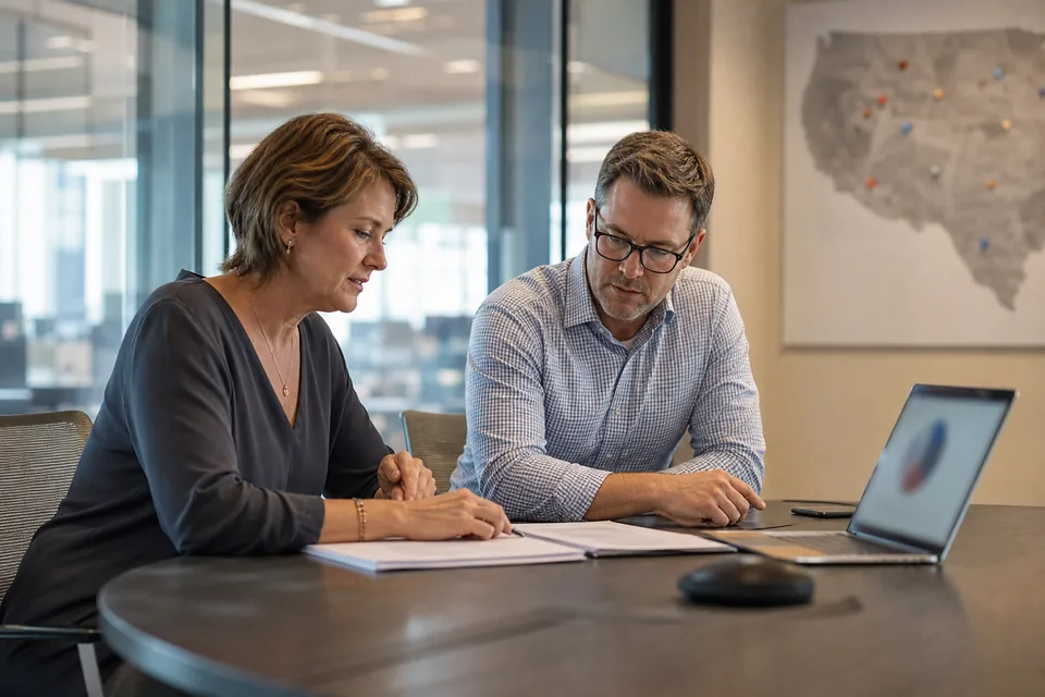 Finance and real estate leads comparing lease software shortlists at a conference table