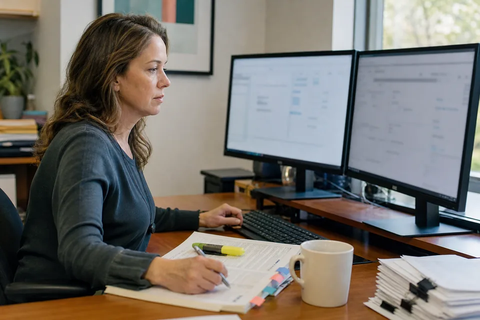 Lease analyst at two monitors checking a tabbed lease document against a spreadsheet